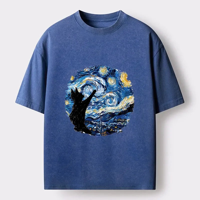Kyoto-Lion Starry Night Black Cat Washed T-Shirt