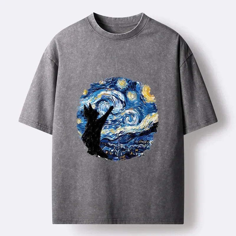 Kyoto-Lion Starry Night Black Cat Washed T-Shirt
