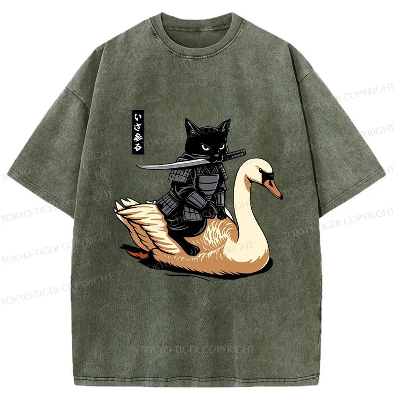 Japanese samurai cat washed t-shirt