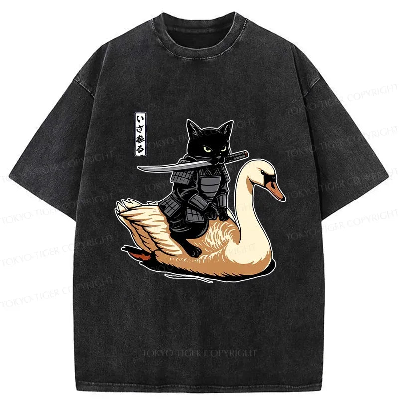 Japanese samurai cat washed t-shirt