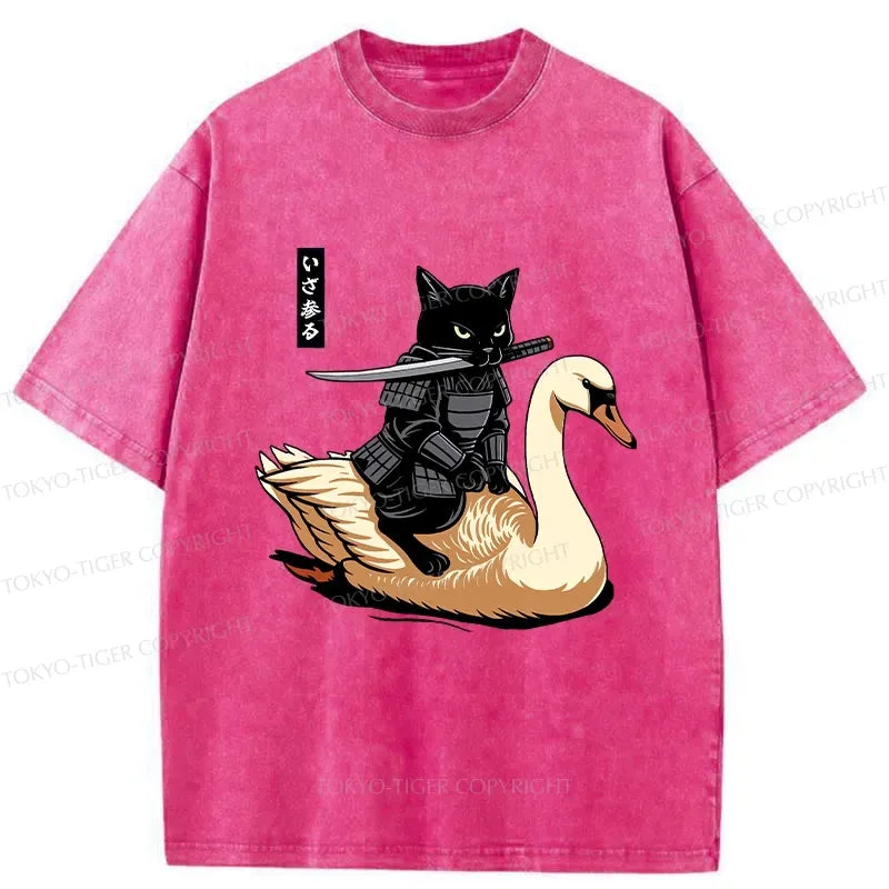 Japanese samurai cat washed t-shirt