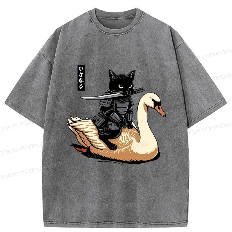 Japanese samurai cat washed t-shirt