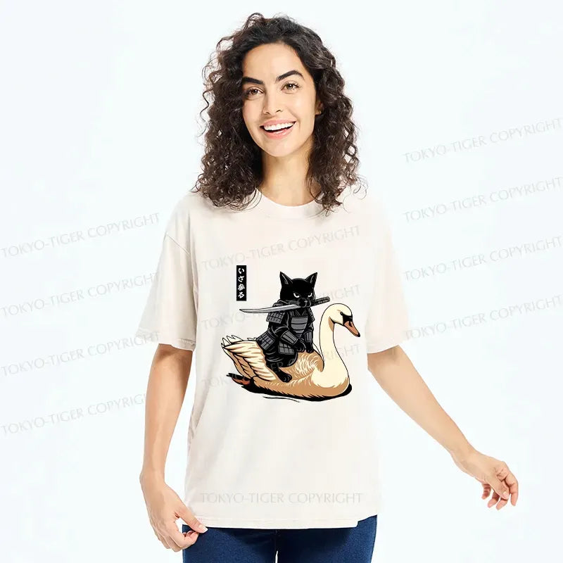 Kyoto-Lion Black Cat Samurai Riding A Goose Washed T-Shirt