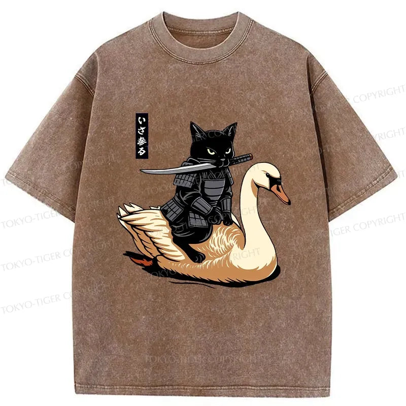 Kyoto-Lion Black Cat Samurai Riding A Goose Washed T-Shirt