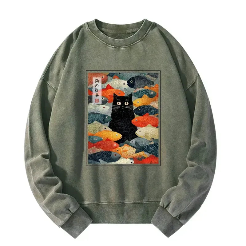 Kyoto-Lion The Cat's Feast of Fish Washed Sweatshirt