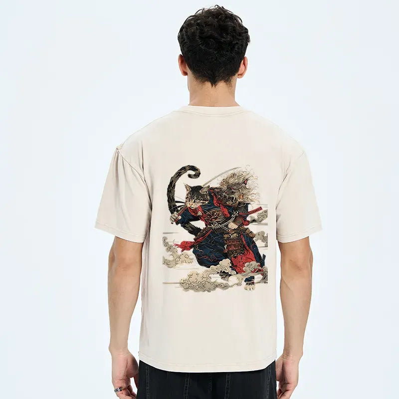 Kyoto-Lion Gorgeous Samurai Cat Back Washed T-Shirt