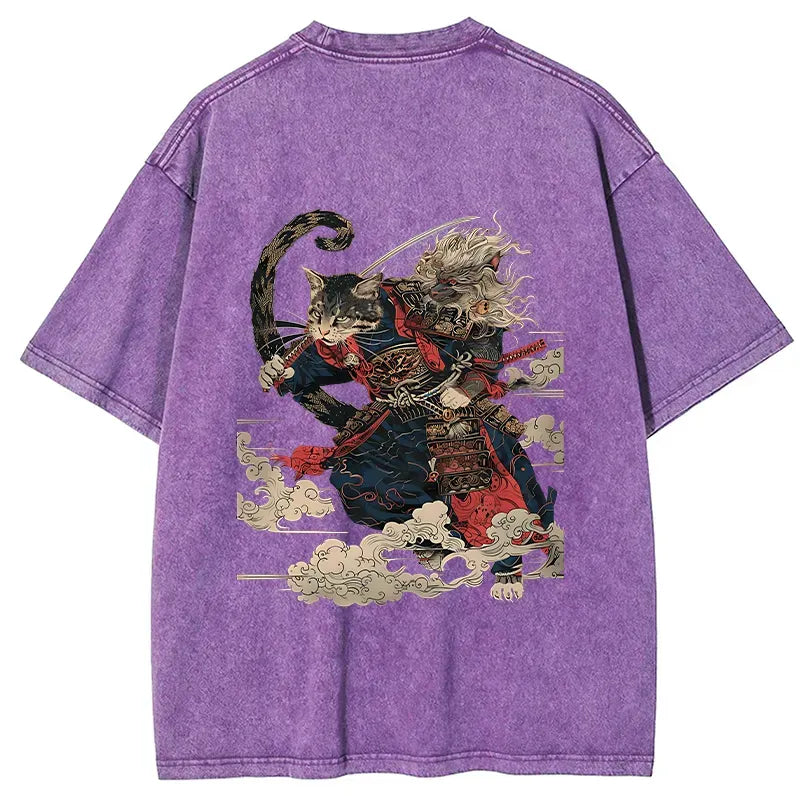 Kyoto-Lion Gorgeous Samurai Cat Back Washed T-Shirt