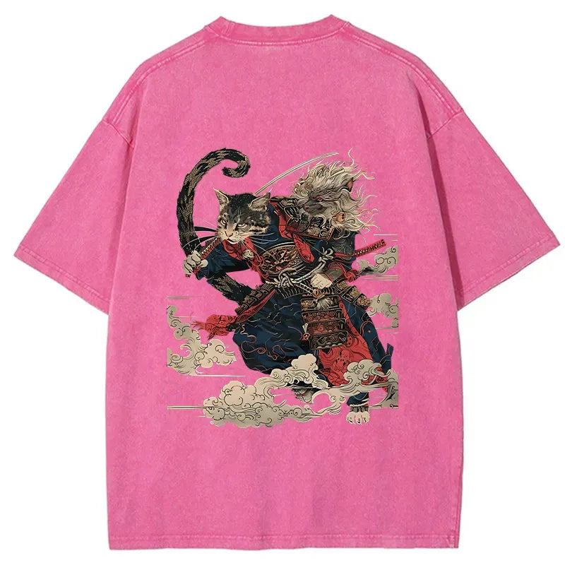Japanese Samurai Cat Washed T-Shirt