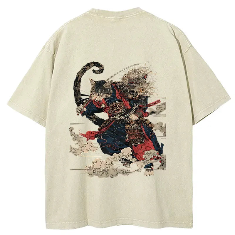 Japanese Samurai Cat Washed T-Shirt