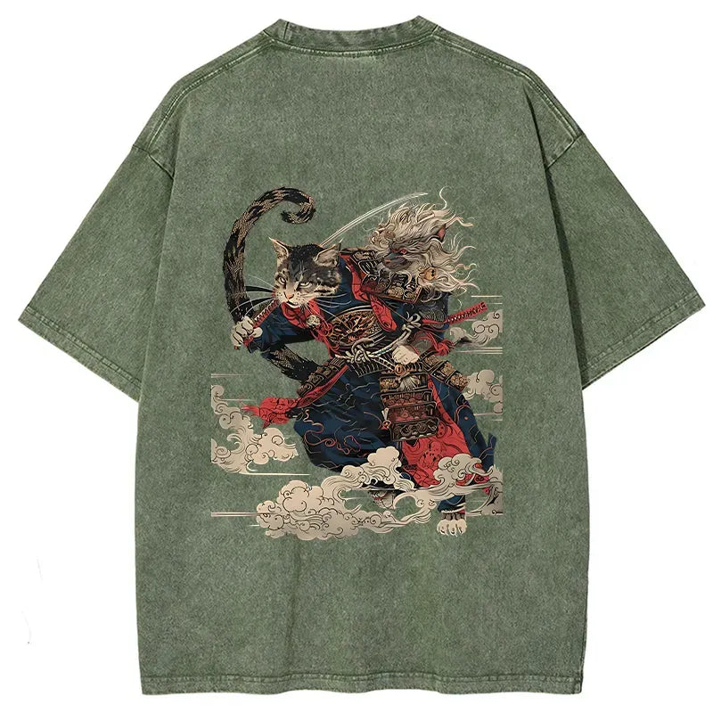 Kyoto-Lion Gorgeous Samurai Cat Back Washed T-Shirt