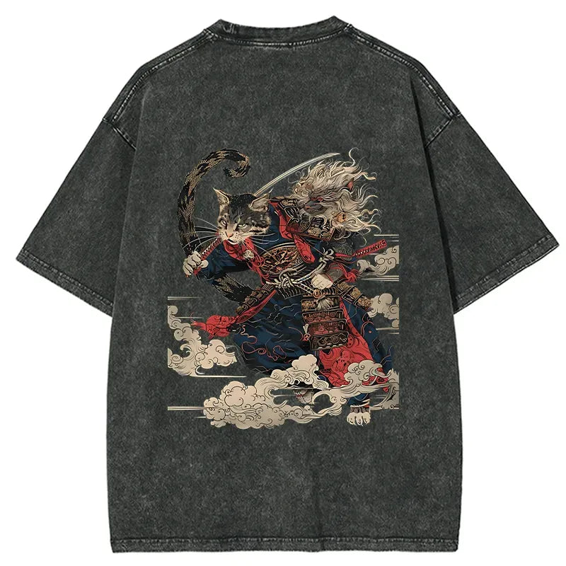 Kyoto-Lion Gorgeous Samurai Cat Back Washed T-Shirt