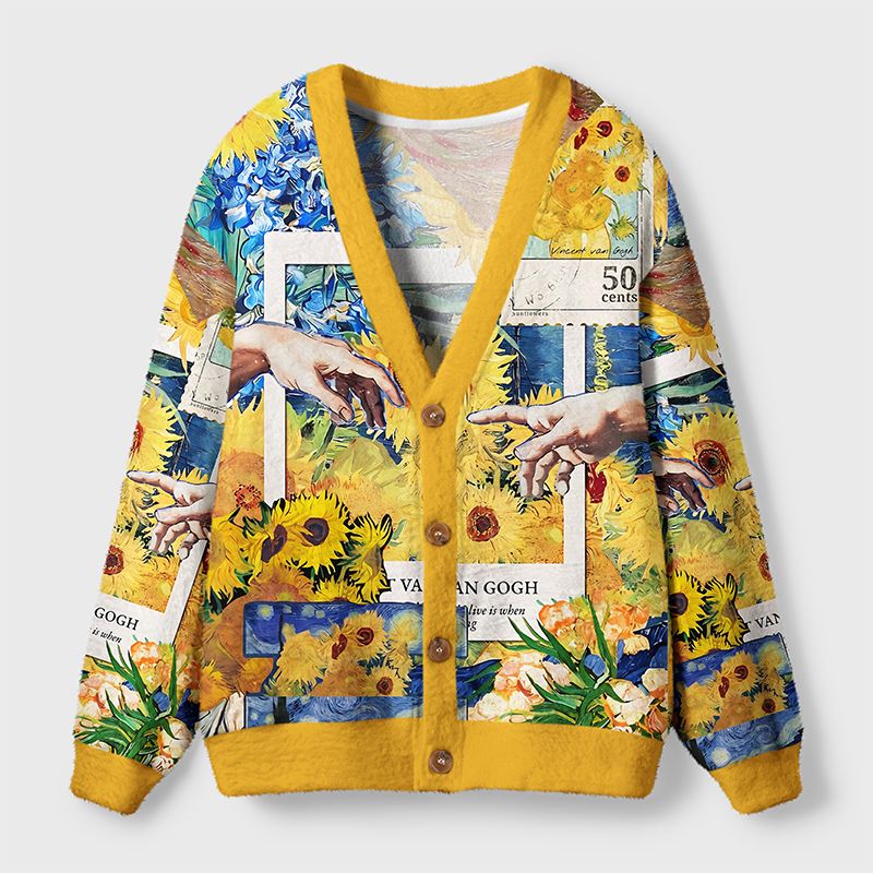 Kyoto-Lion Touch Of Sunflowers Ugly Cardigan Sweater