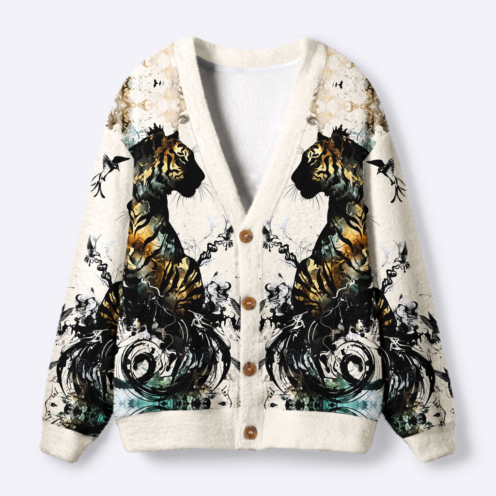 Kyoto-Lion Golden Tiger And Soaring Birds Ugly Cardigan Sweater
