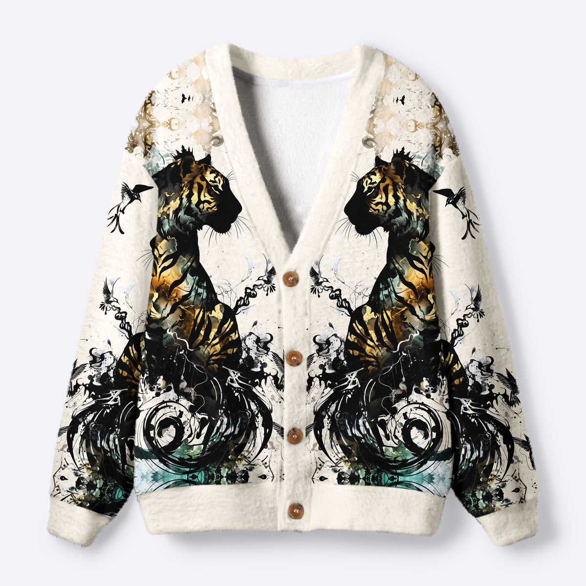 Kyoto-Lion Golden Tiger And Soaring Birds Ugly Cardigan Sweater