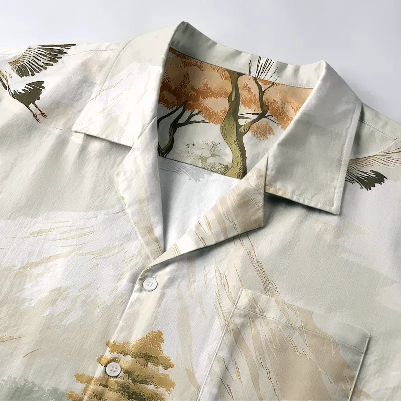Japanese Crane Ukiyo-e Shirt for Summer