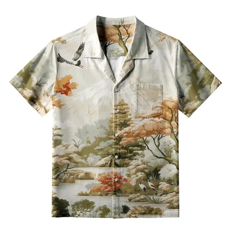 Japanese Crane Ukiyo-e Shirt for Summer