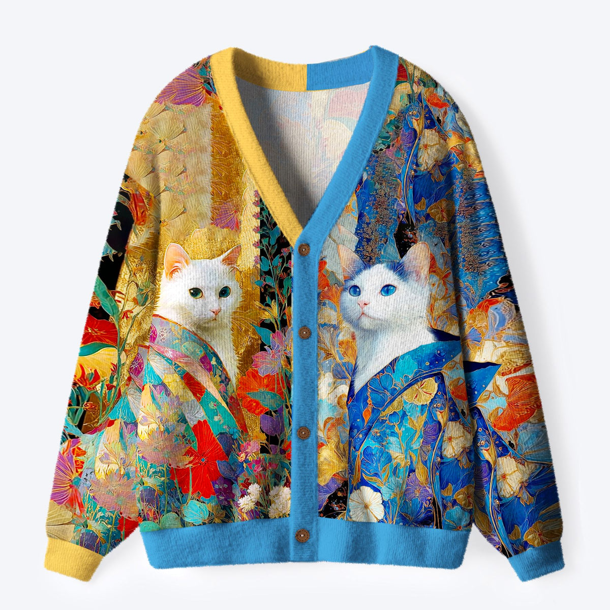 Kyoto-Lion Regal Cats in Vibrant Robes Ugly Cardigan Sweater