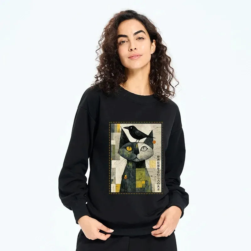Japanese Cat Crow Sweatshirt for Streetwear