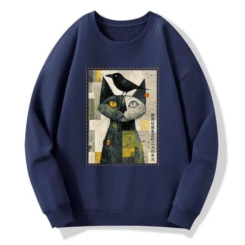 Japanese Cat Crow Sweatshirt for Streetwear