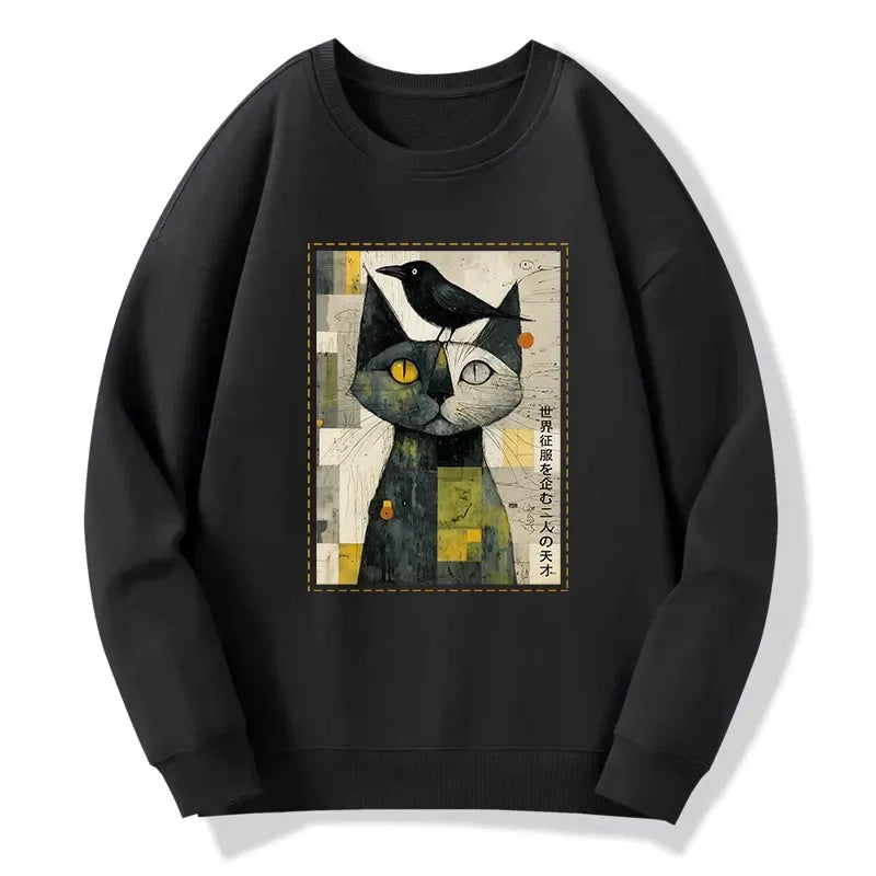 Japanese Cat Crow Sweatshirt for Streetwear