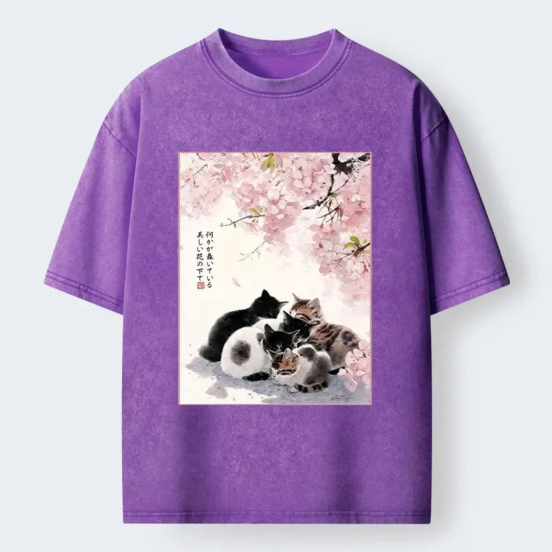 Kyoto-Lion Cute Cats Sakura Garden Washed T-Shirt