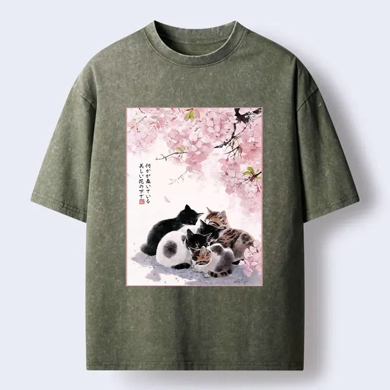 Kyoto-Lion Cute Cats Sakura Garden Washed T-Shirt