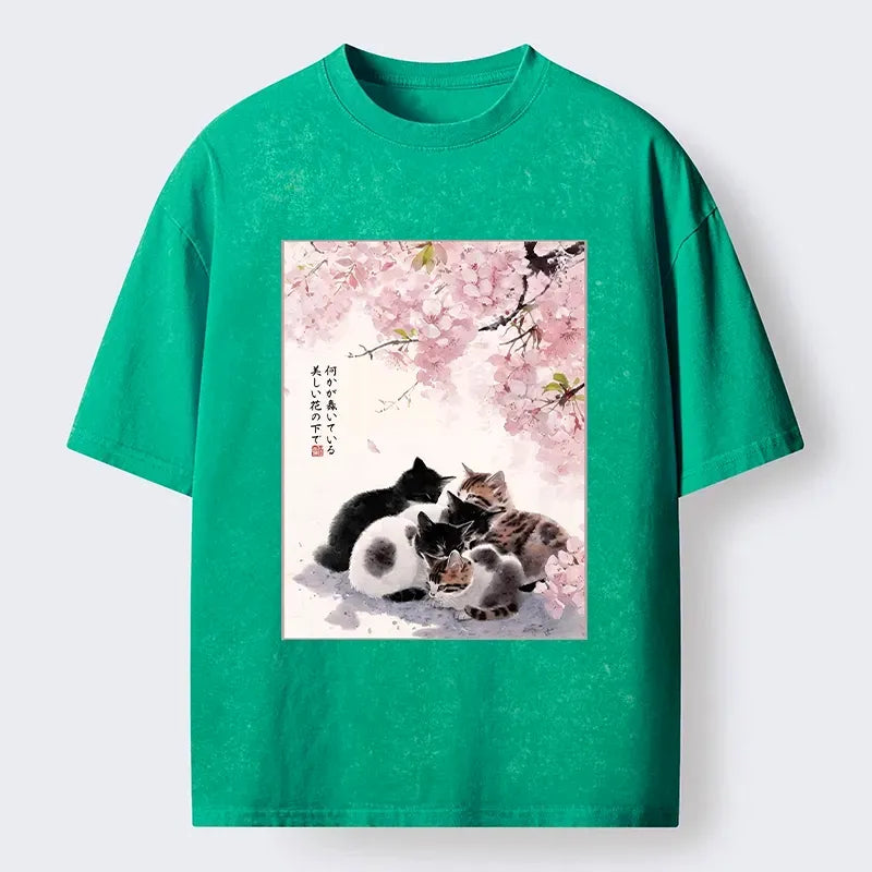 Kyoto-Lion Cute Cats Sakura Garden Washed T-Shirt