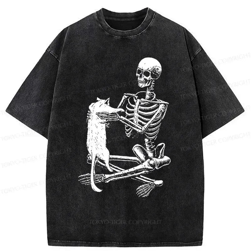 Japanese Vintage Washed Cat Skeleton T-Shirt