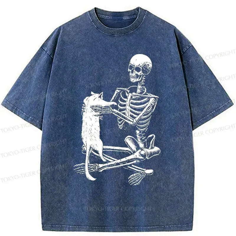 Japanese Vintage Washed Cat Skeleton T-Shirt
