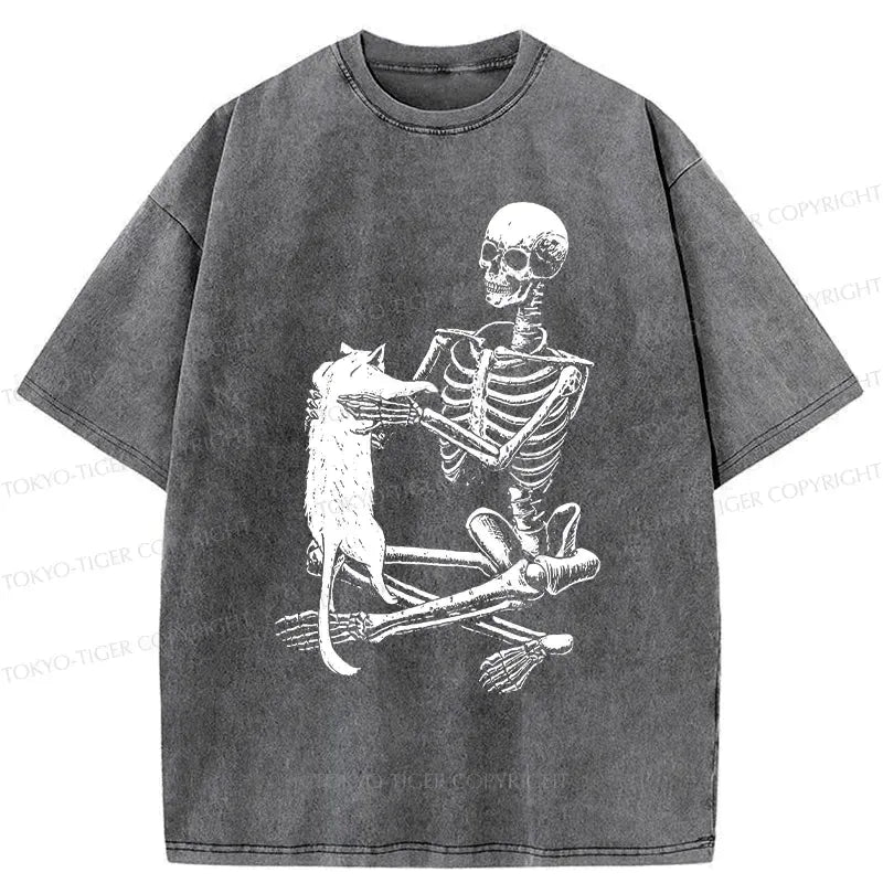 Japanese Vintage Washed Cat Skeleton T-Shirt