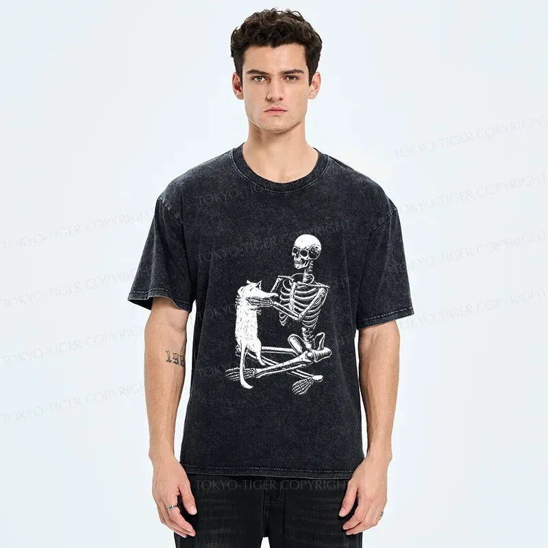 Japanese Vintage Washed Cat Skeleton T-Shirt