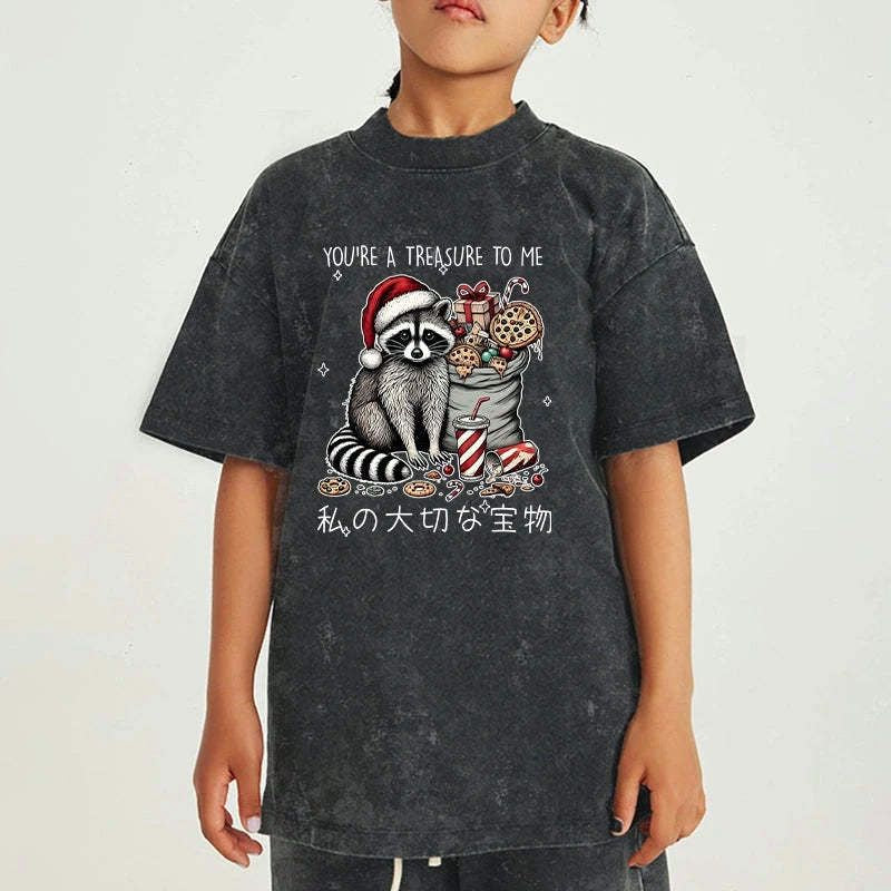 Kyoto-Lion Cute Raccoon Christmas Kids Washed T-Shirt