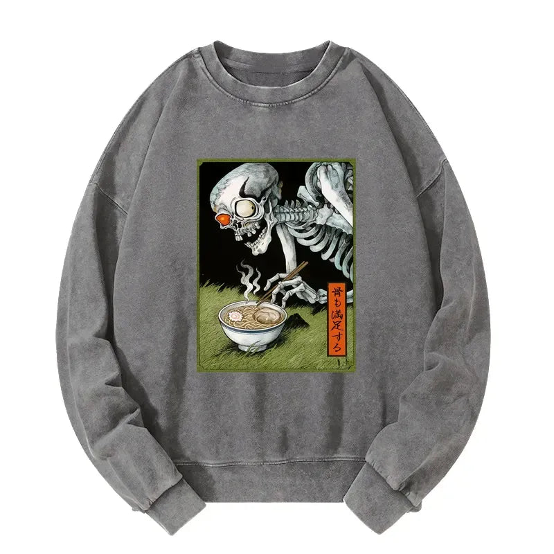 Kyoto-Lion Ukiyo-e Skeleton Eating Ramen Washed Sweatshirt