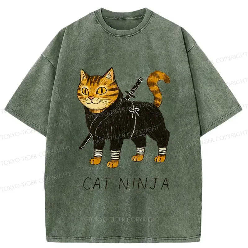 Kyoto-Lion Cute Ninja Cat Japan Washed T-Shirt