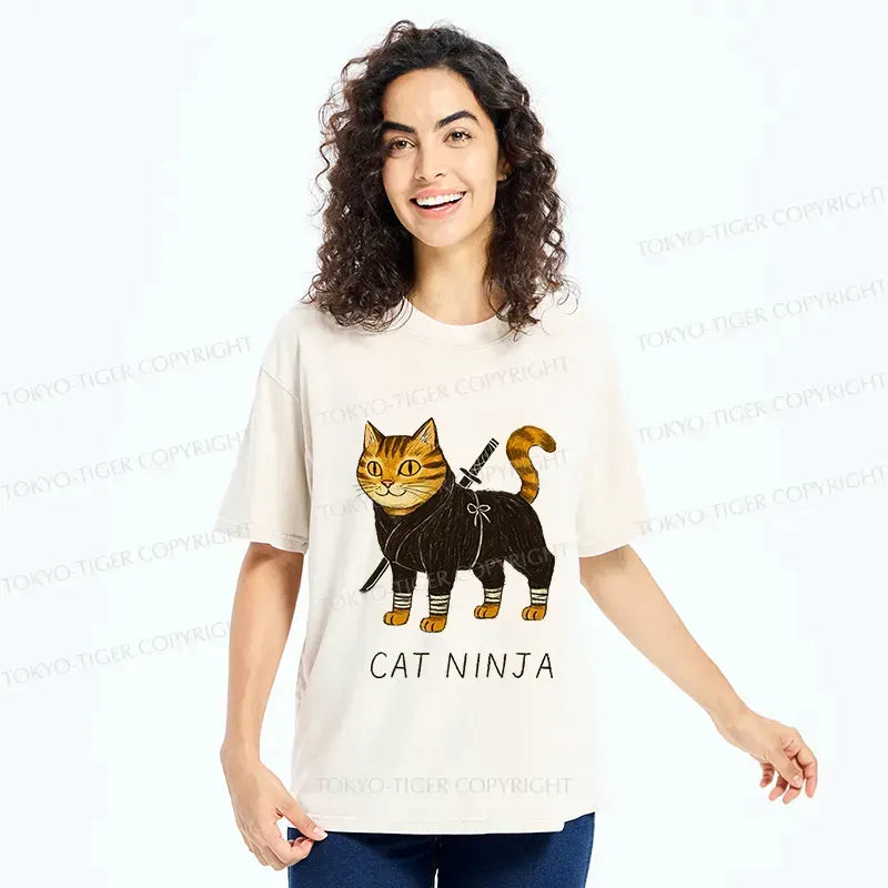 Kyoto-Lion Cute Ninja Cat Japan Washed T-Shirt