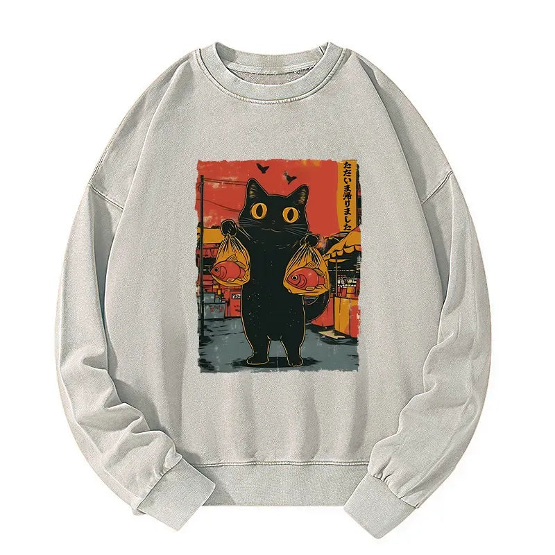 Kyoto-Lion Cat Fishing Japanese Washed Sweatshirt