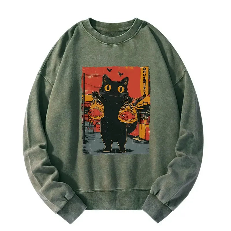 Kyoto-Lion Cat Fishing Japanese Washed Sweatshirt