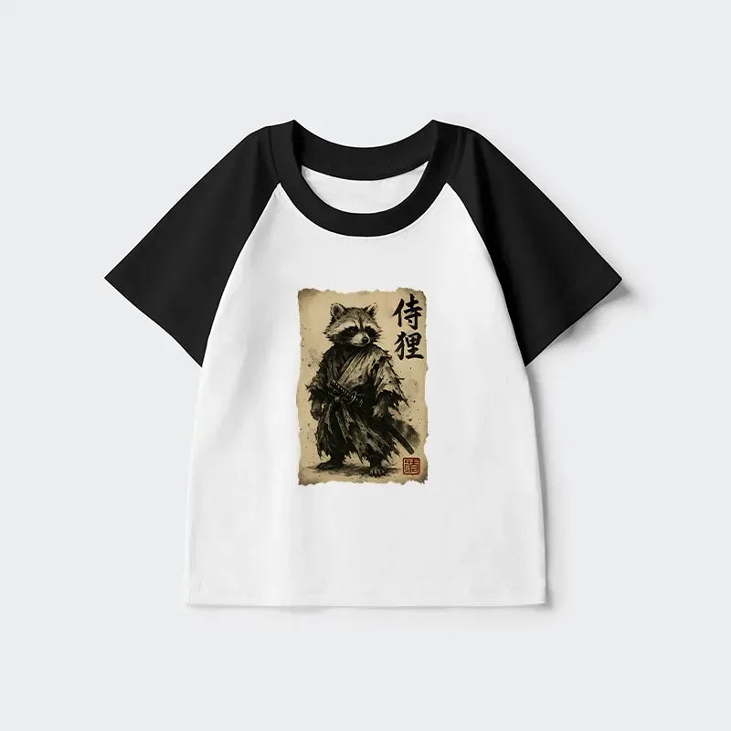 Kyoto-Lion Retro Raccoon Samurai Kids Raglan T-shirt