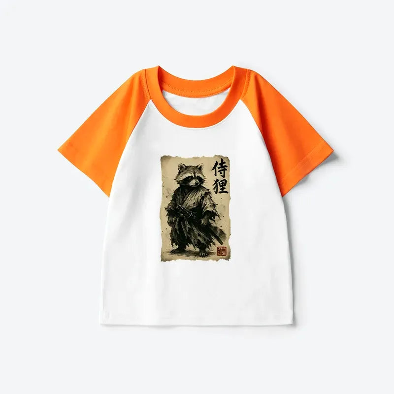Kyoto-Lion Retro Raccoon Samurai Kids Raglan T-shirt