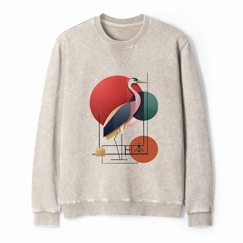 Kyoto-Lion Geometric Crane Art Washed Terry Sweatshirt
