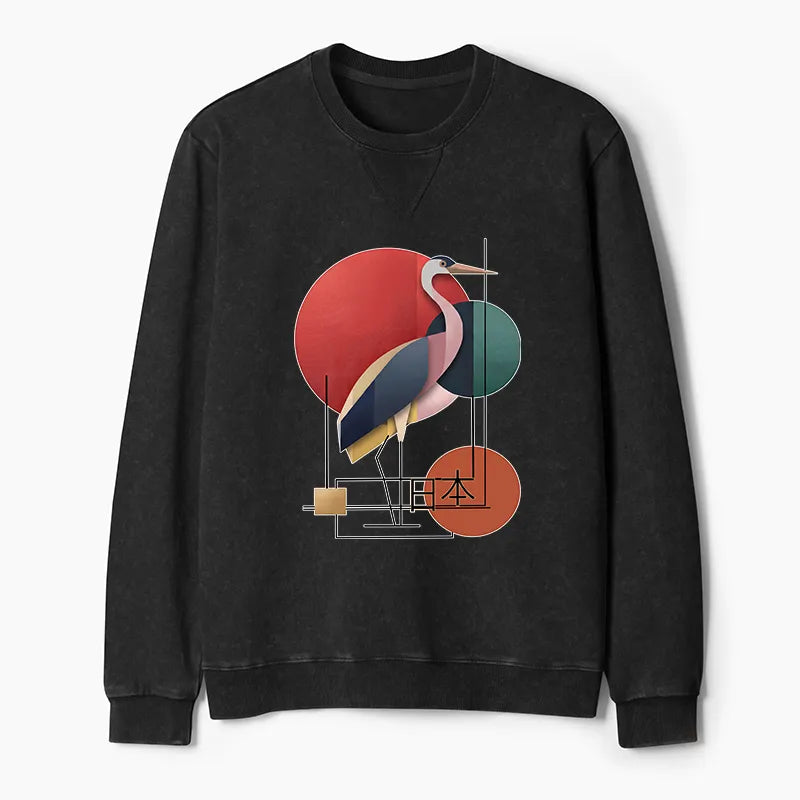 Kyoto-Lion Geometric Crane Art Washed Terry Sweatshirt