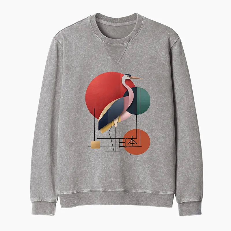 Kyoto-Lion Geometric Crane Art Washed Terry Sweatshirt
