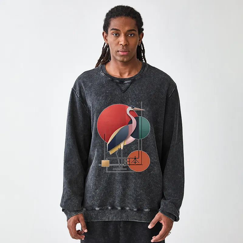 Kyoto-Lion Geometric Crane Art Washed Terry Sweatshirt