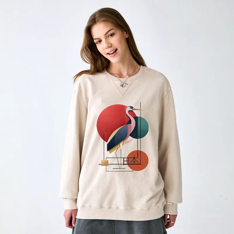 Kyoto-Lion Geometric Crane Art Washed Terry Sweatshirt