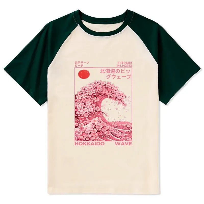 Japanese Sakura Wave Raglan T-shirt for Summer