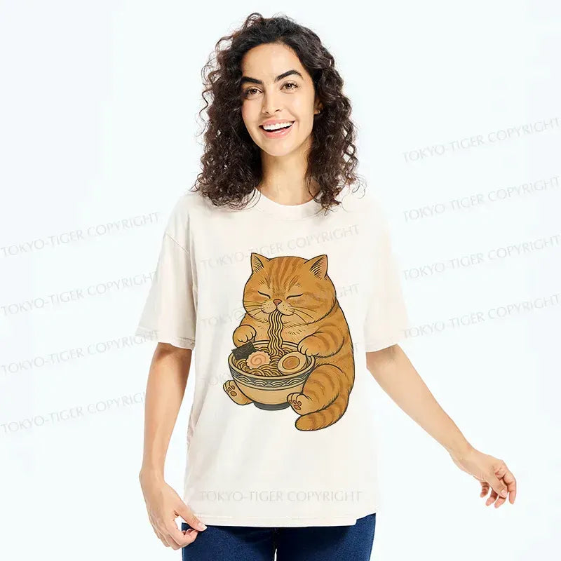 Washed Unisex Cat Ramen T-Shirt