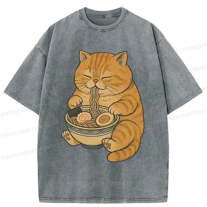 Kyoto-Lion Orange Cat Eating Ramen Washed T-Shirt