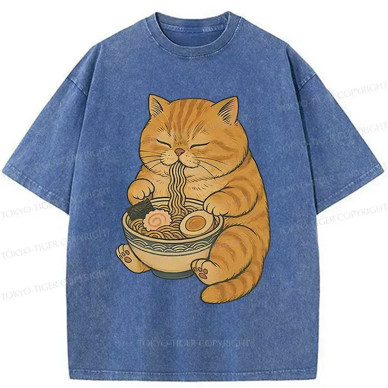 Washed Unisex Cat Ramen T-Shirt