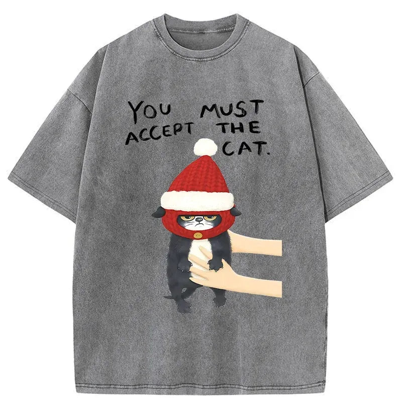 Kyoto-Lion Accept This Christmas Cat Washed T-Shirt