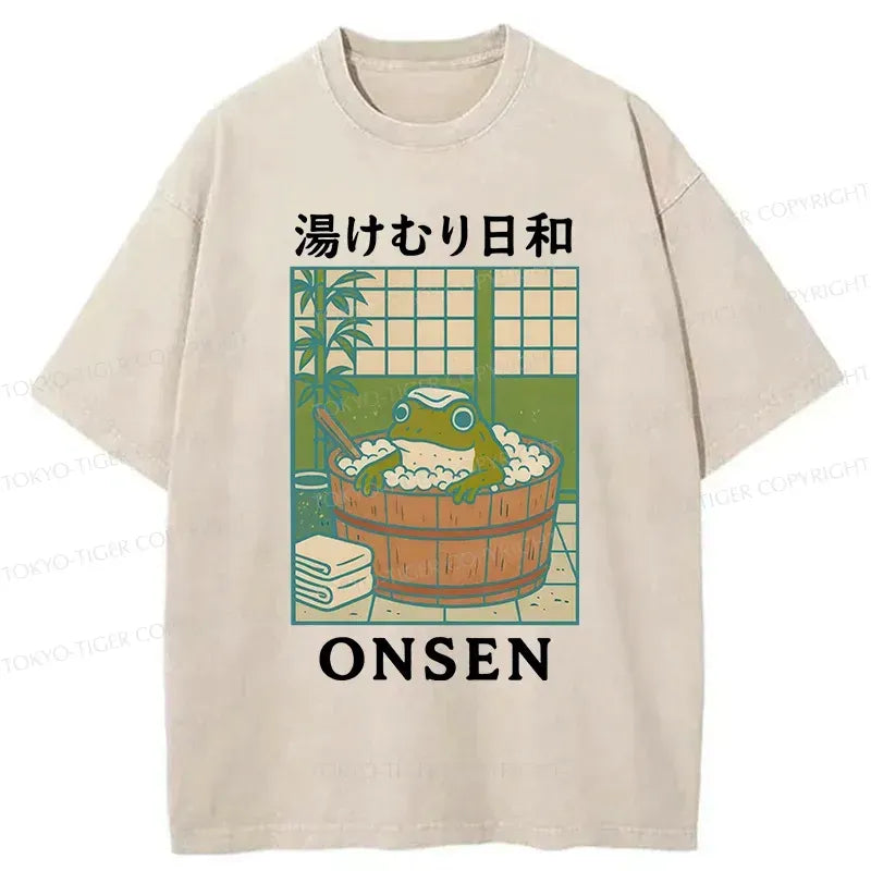 Kyoto-Lion Frog Taking A Bath Japan Washed T-Shirt
